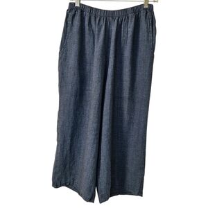 FLAX 100% Linen Elastic Waist Pull On Cropped Wide Leg Pants Pockets Sz S Blue